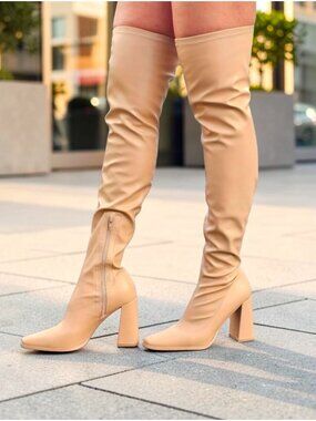 Over-The-Knee Block Heel Boots In Nude With Side Zipper Closure And Soft Faux Le